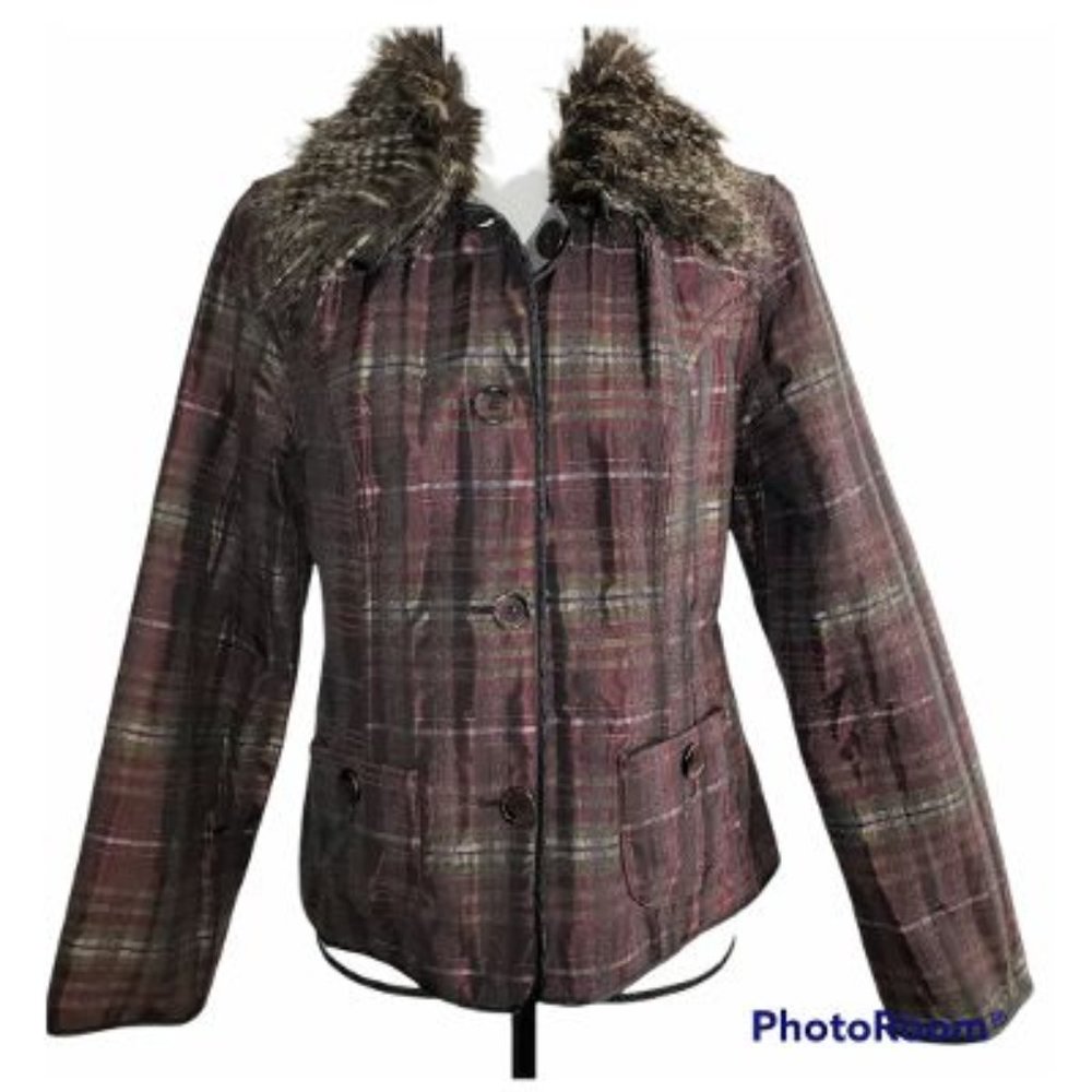 CHICO'S - Purple Plaid Faux Fur Feather Jacket Size 4
